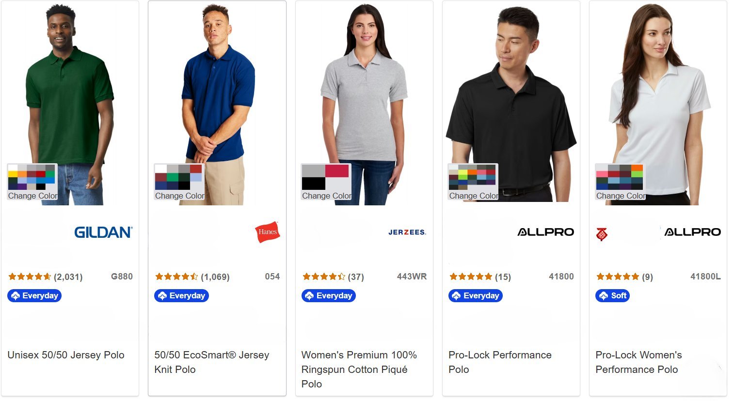 Product display showing five polo shirts in different colors and styles with brand names, ratings, prices, and product descriptions