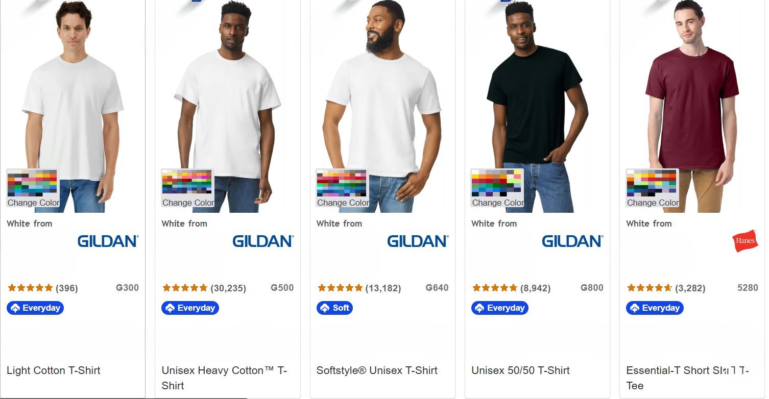 Five Gildan t-shirts displayed on models in different colors: white, black, and burgundy