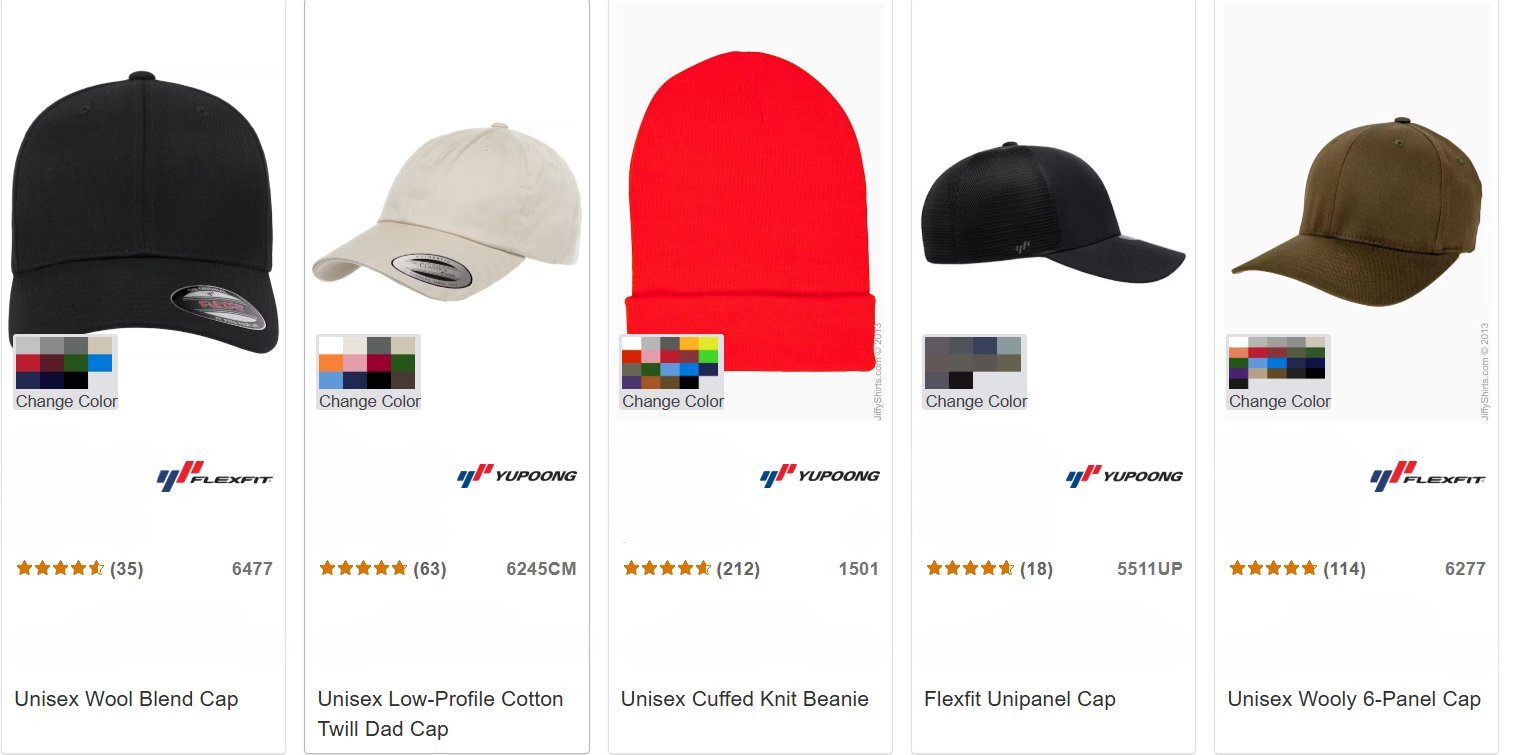 Five unisex caps and beanies displayed in a row: black wool blend cap, beige cotton twill cap, red knit beanie, black baseball cap, and olive wool cap