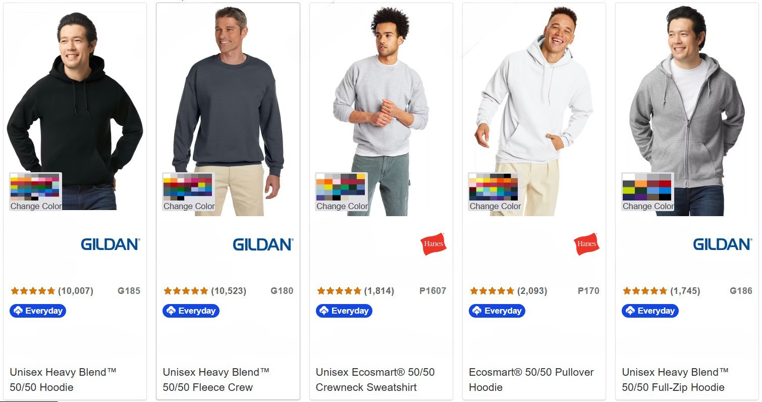 Five models wearing different Gildan hoodies and sweatshirts in black, navy, gray, and white with product ratings and color swatches